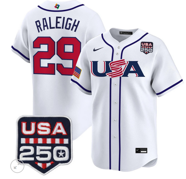 Men Team USA World Baseball Classic 250 America Patch #29 Cal Raleigh white 2026 MLB Jersey